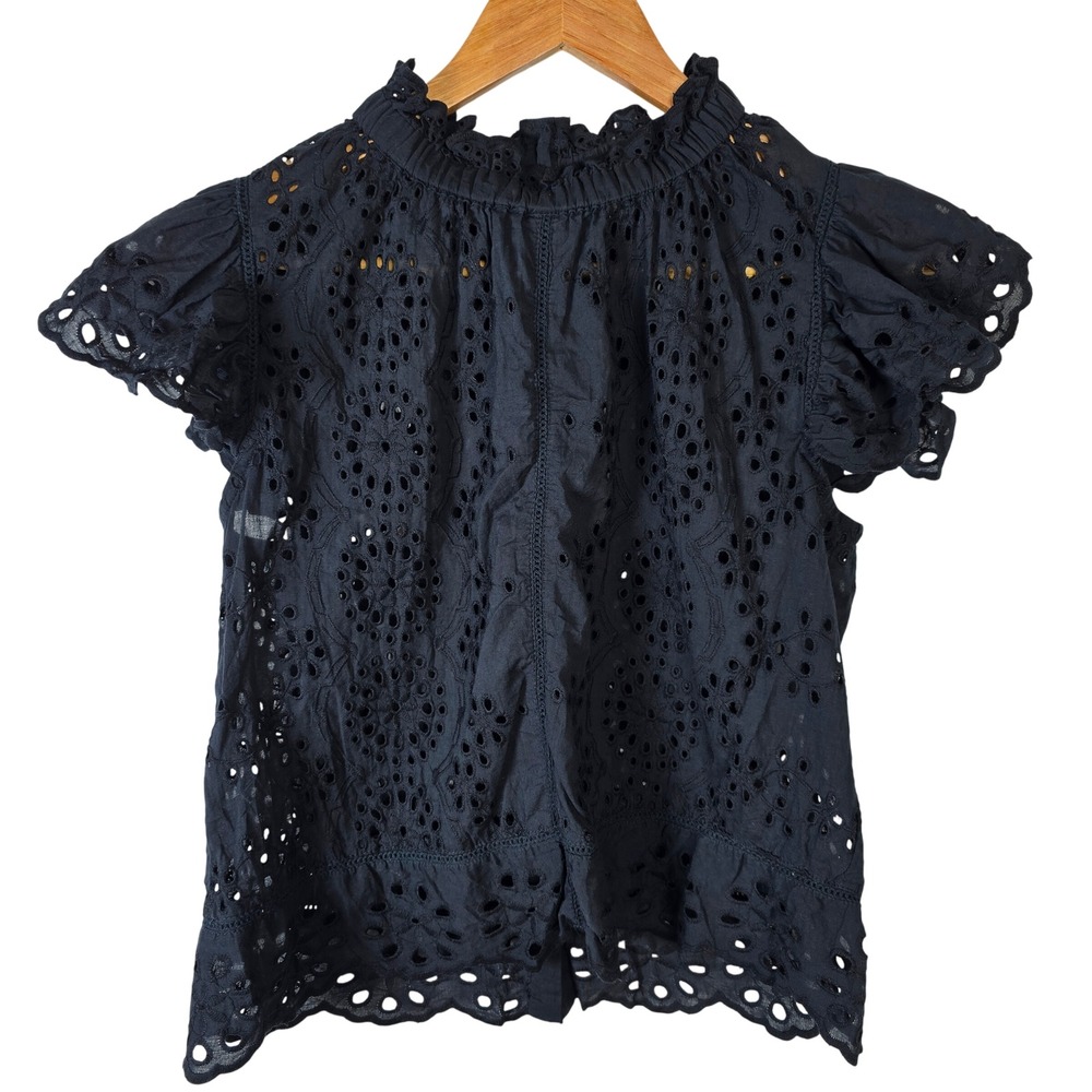 Jennifer Grace Black Eyelet Top Ruffle Mock Neck Short Sleeve Blouse S‎